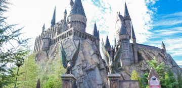 Foto do castelo de Hogwarts, que fica na Universal, no Islands of Adventure, com o céu azul ao fundo e alguns visitantes entrando.