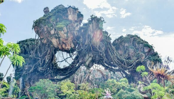 Foto da decoração de Pandora, no Animal Kingdom, que consiste em rochas com vegetação ao redor e o céu azul ao fundo.