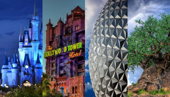 Imagem que mostra parte das atrações ícones de cada parque da Disney: o castelo da Cinderela no Magic Kingdom, a Tower of Terror do Hollywood Studios, a bola do Epcot e a árvore da vida do Animal Kingdom.