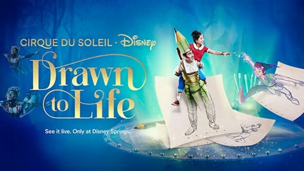 Foto de divulgação do novo show do Cirque du Soleil em Disney Springs, Drawn to Life, que mostra pessoas em desenhos ganhando vida.