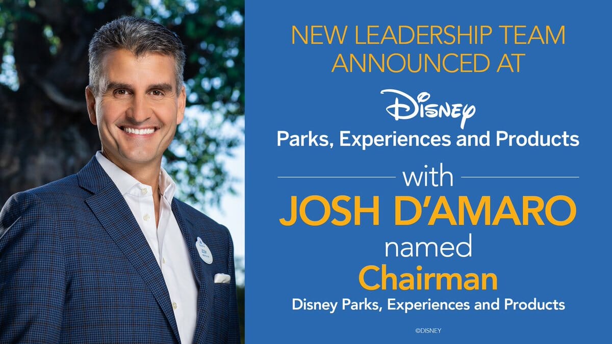 Foto do anúncio do novo presidente de parques, experiências e produtos da Disney, Josh D'Amaro, com o texto a respeito e a foto dele ao lado.