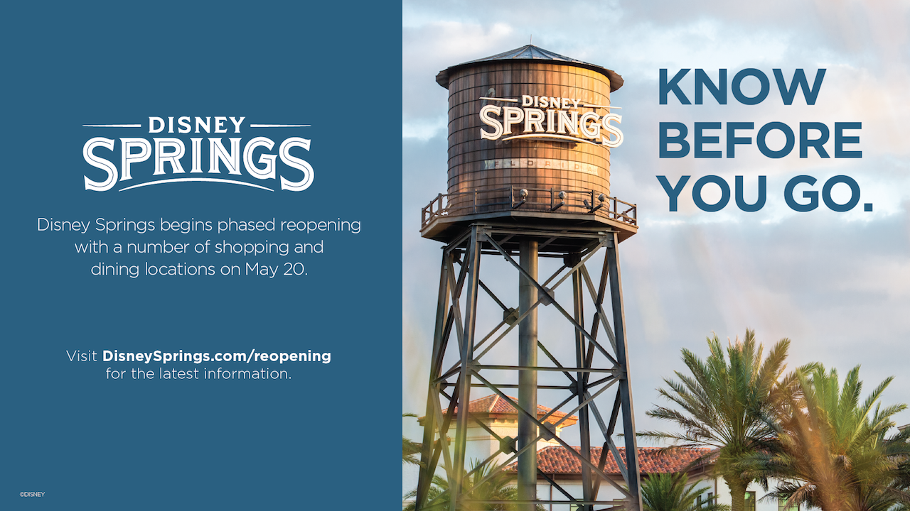 Foto de divulgação da Disney dos procedimentos de reabertura de Disney Springs, com a imagem da caixa d'água do local e o texto "Know Before You Go"