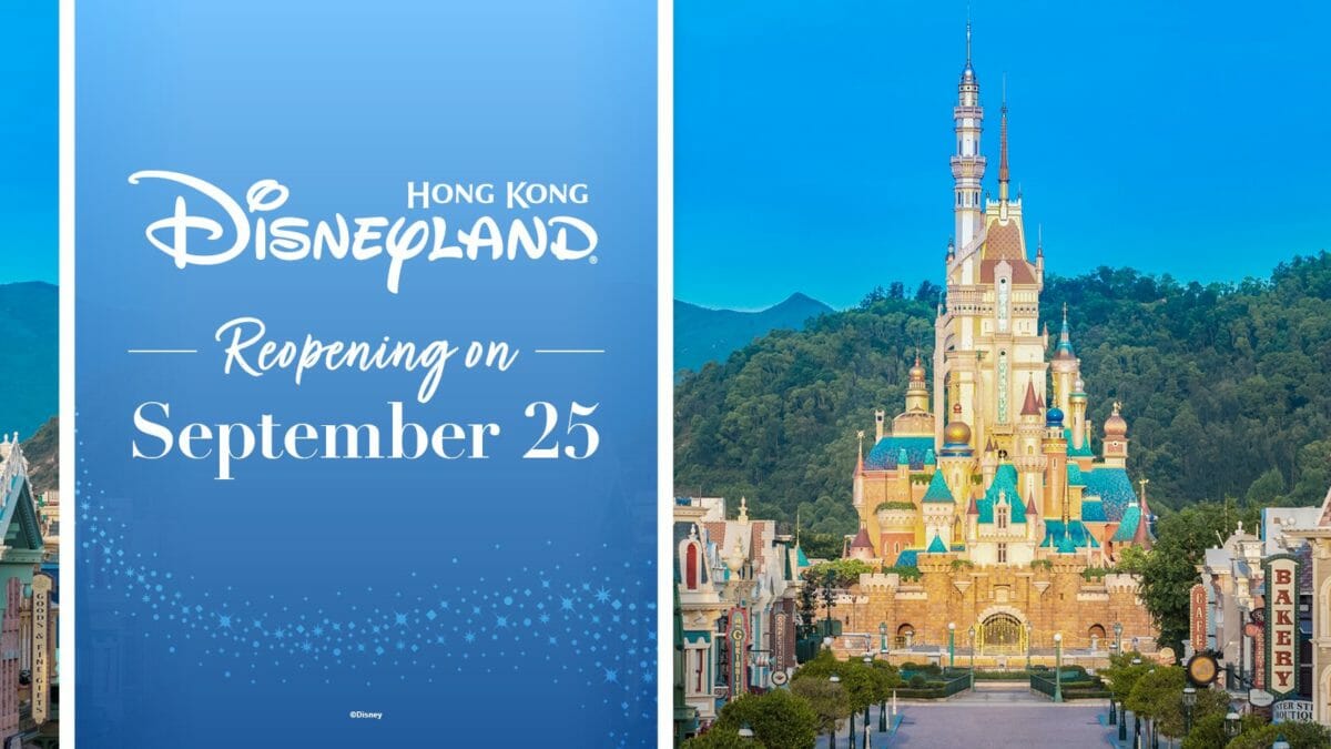 Imagem de divulgação da reabertura da Disneyland de Hong Kong. Metade do pôster está com a data de reabertura, 25 de setembro, em um fundo azul-céu, e a outra metade tem a imagem do novo castelo que será inaugurado no parque.