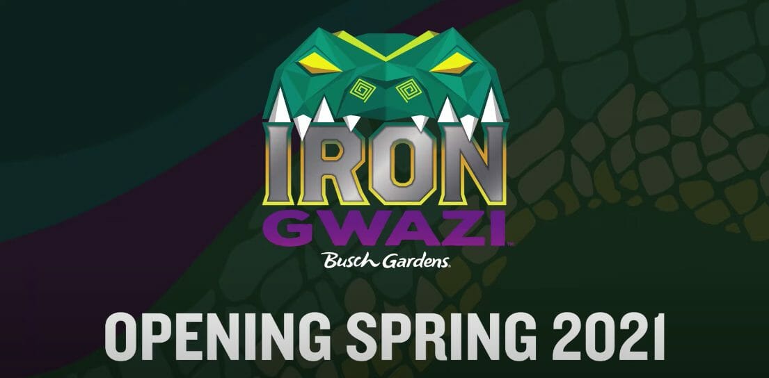 Imagem com o logo da montanha-russa Iron Gwazi e texto indicando a abertura na primavera de 2021.