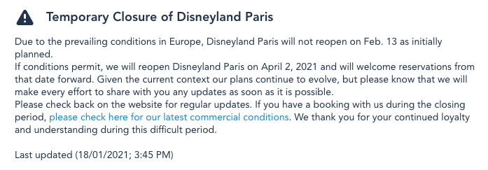 O anúncio da extensão do fechamento no site da Disneyland Paris 