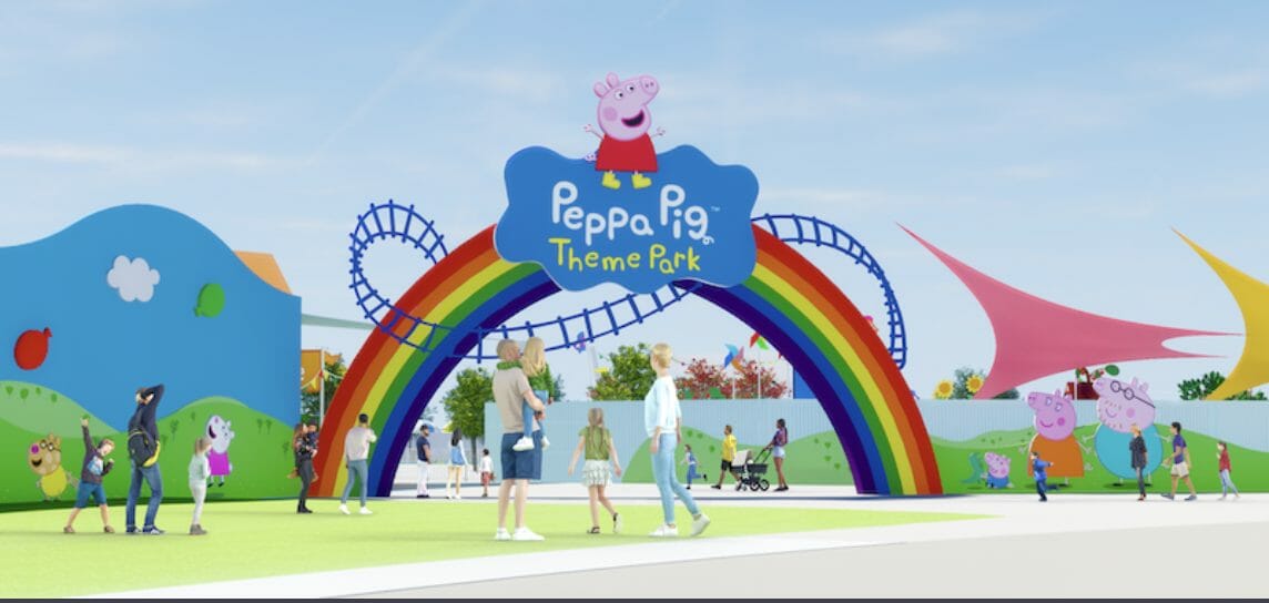 Projeto artístico do novo parque da Peppa Pig em Orlando, com uma placa de arco íris com a Peppa em cima na entrada