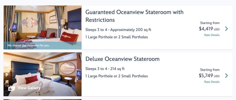 print de tela do sistema da Disney Cruise Line mostrando exemplo de cabine promocional